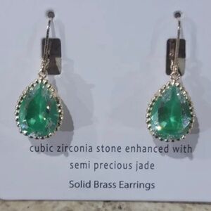 Green & Gold-tone Cubic Zirconia Pear Cut Jade Drop Earrings